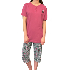 LA PENNA Dámské bavlněné pyžamo 3/4 kalhoty květina tmavě růžová 4XL