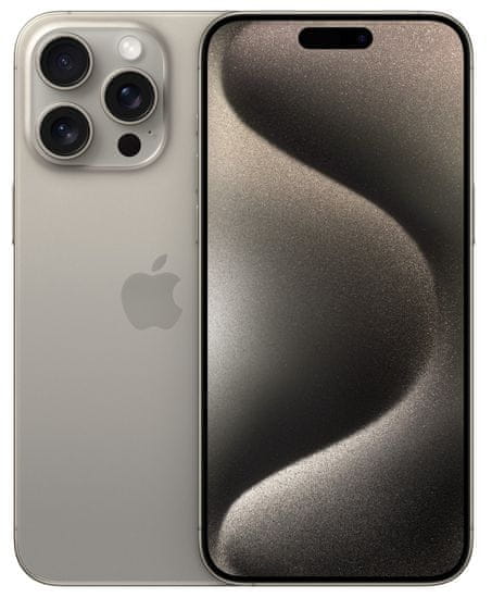 Apple iPhone 15 Pro Max, supervýkonný procesor, strojové učení, A17 Pro, velký displej, trojitý zadní ultraširokoúhlý fotoaparát, přední fotoaparát, 48 Mpx, 12 Mpx, IP68, voděodolný, Face ID, Dolby Atmos