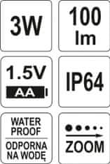 YATO Svítilna kapesní voděodolná IP64, fce ZOOM, 110lm, 1xAA, 100x25mm