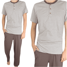 Bavlněné pánské pyžamo dlouhé kalhoty hnědá krátký rukáv pruhy XXL