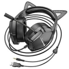Borofone BO106 herní sluchátka s kočičíma ušima USB / 3.5mm jack, černé/růžové