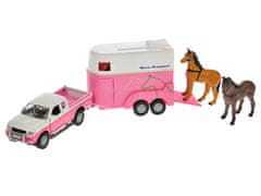 Kids Globe Horses Mitsubishi Pajero růžové 13 cm kov zpětný chod s přívěsem pro koně v krabičce