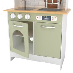 Teamson Malý Šéfkuchař Boston Moderní Dřevěná Kuchyňka S Interaktivními Funkcemi A 9 Hracími Doplňky Na Vaření, Světle Zelená/Bílá Td-12679E