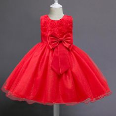 Northix Večerní šaty s mašlí a květinami – červené (160) 