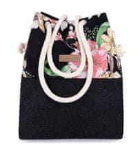 ZAGATTO Dámská kabelka, plátěná taška, látková se stahovací šňůrkou, černá s květinovým vzorem, polstrované dno kabelky, prostorná a lehká kabelka pro každodenní nošení i do práce, 32 x 35 x 14 / ZG 605