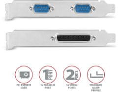 AXAGON PCEA-PSN, PCIe řadič - 1x paralelní (LPT) + 2x sériový port (RS232) 250 kbps, vč. LP