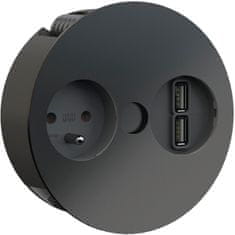 Bachmann Vestavná zásuvka TWIST 2Z 230 V, 1 zásuvka ČSN norma 2x USB nabíječka černá mat